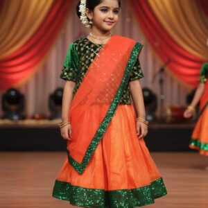 Girls Traditional Dance Costume Lehenga Set – Orange & Green